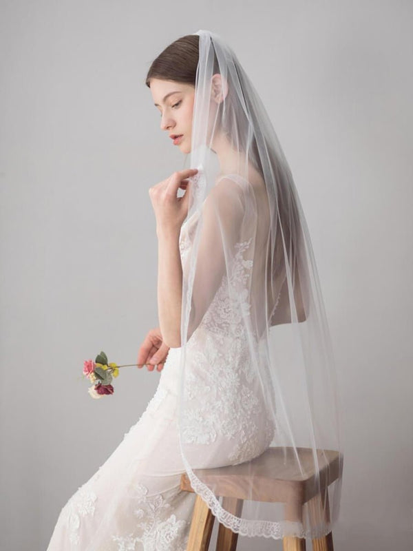 Ivory Tulle Wedding Veils One Layer Bridal Veil with Lace Hem - KissProm