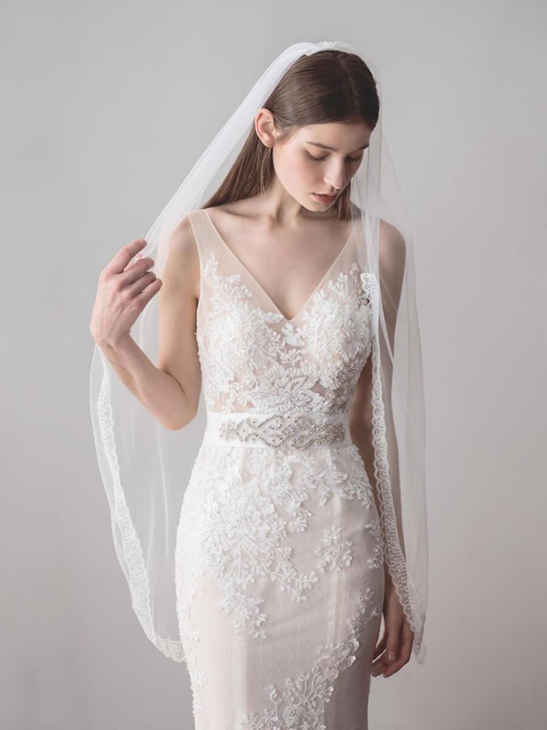 Ivory Tulle Wedding Veils One Layer Bridal Veil with Lace Hem - KissProm