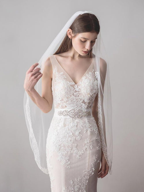 Ivory Tulle Wedding Veils One Layer Bridal Veil with Lace Hem - KissProm