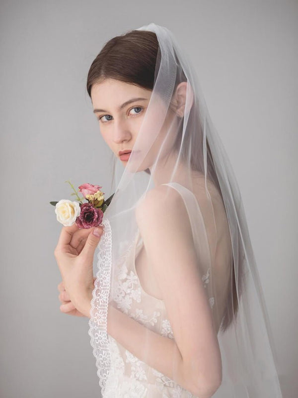 Ivory Tulle Wedding Veils One Layer Bridal Veil with Lace Hem - KissProm