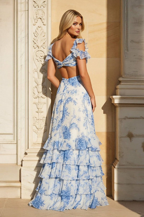 V Neck A - line Floral Printed Chiffon Slit Prom Dress - KissProm