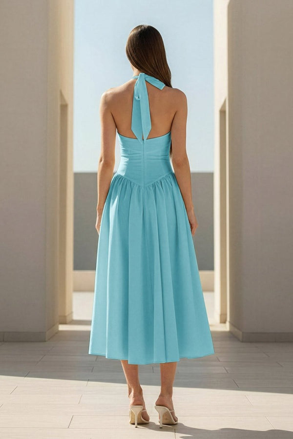 Jehona | Yellow - Halter A Line Satin Pleated Tea Length Formal Prom Dresses - KissProm