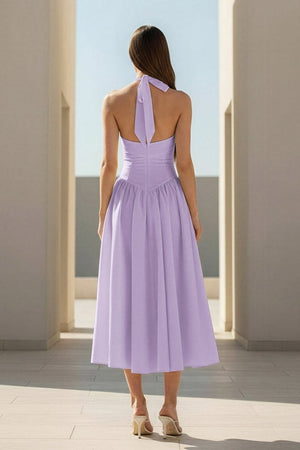 Jehona | Yellow - Halter A Line Satin Pleated Tea Length Formal Prom Dresses - KissProm