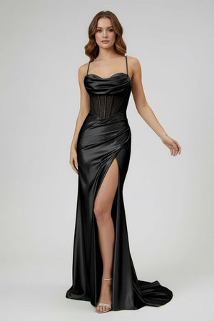Sage Spaghetti Straps Satin Mermaid Long Prom Dress with Slit – Prom Dresses by KissProm | Available at KissProm