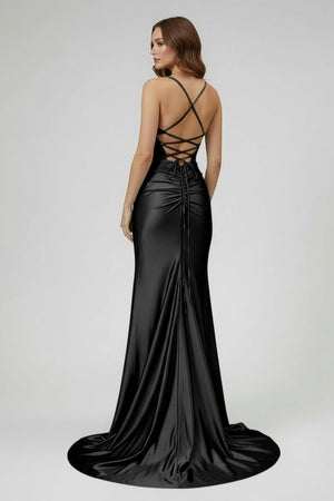 Sage Spaghetti Straps Satin Mermaid Long Prom Dress with Slit – Prom Dresses by KissProm | Available at KissProm