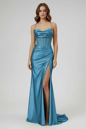 Sage Spaghetti Straps Satin Mermaid Long Prom Dress with Slit – Prom Dresses by KissProm | Available at KissProm