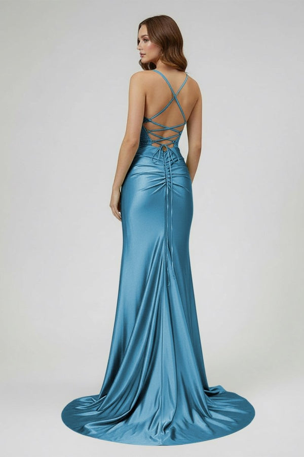 Sage Spaghetti Straps Satin Mermaid Long Prom Dress with Slit – Prom Dresses by KissProm | Available at KissProm