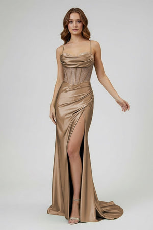 Sage Spaghetti Straps Satin Mermaid Long Prom Dress with Slit – Prom Dresses by KissProm | Available at KissProm