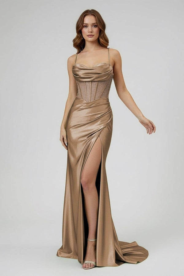 Sage Spaghetti Straps Satin Mermaid Long Prom Dress with Slit – Prom Dresses by KissProm | Available at KissProm