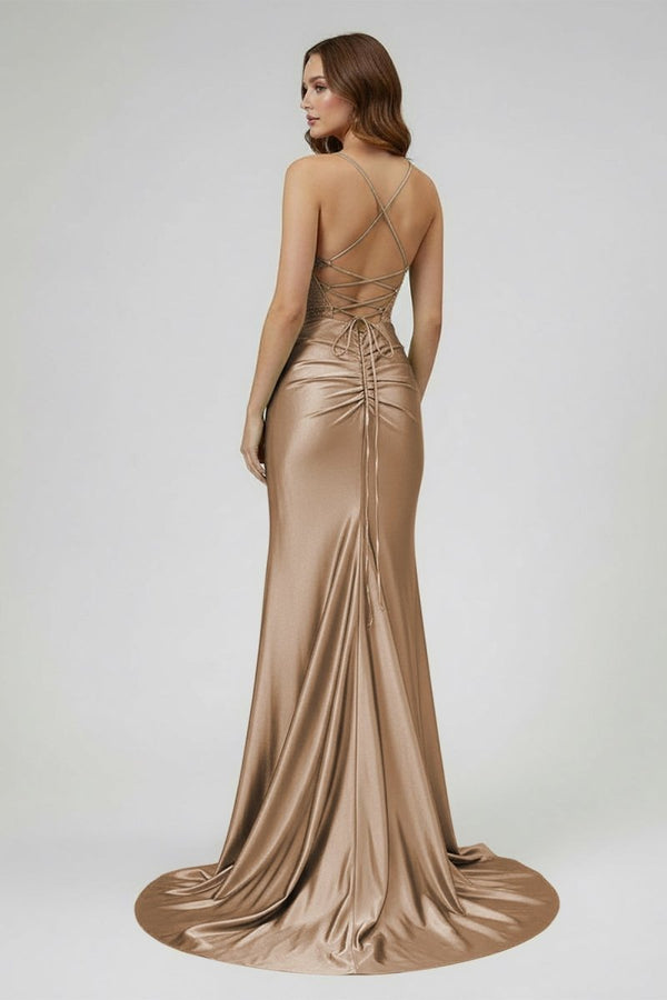 Sage Spaghetti Straps Satin Mermaid Long Prom Dress with Slit – Prom Dresses by KissProm | Available at KissProm