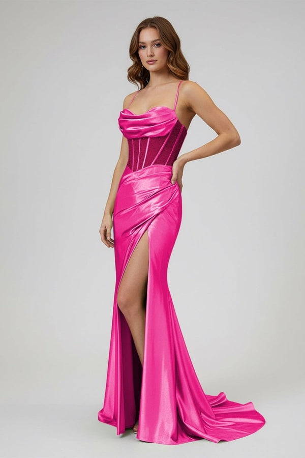 Sage Spaghetti Straps Satin Mermaid Long Prom Dress with Slit – Prom Dresses by KissProm | Available at KissProm