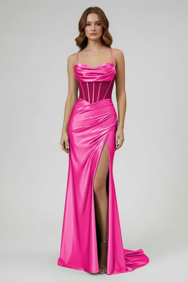 Sage Spaghetti Straps Satin Mermaid Long Prom Dress with Slit – Prom Dresses by KissProm | Available at KissProm