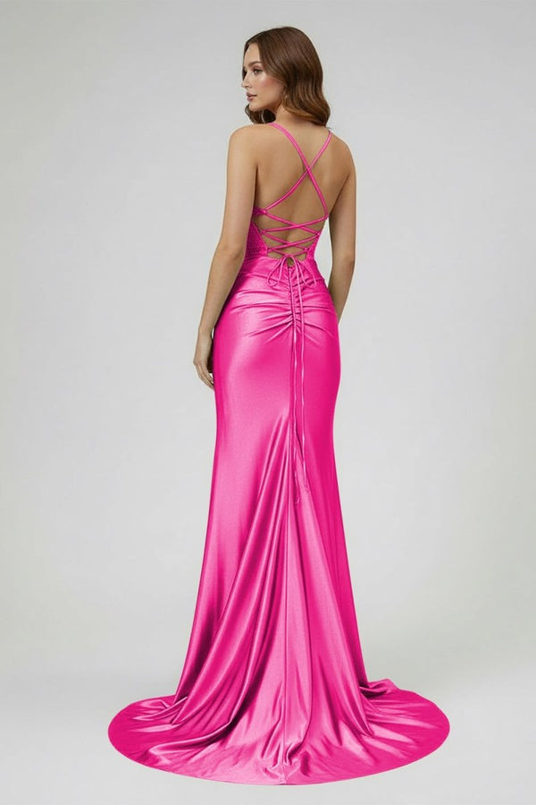 Sage Spaghetti Straps Satin Mermaid Long Prom Dress with Slit – Prom Dresses by KissProm | Available at KissProm
