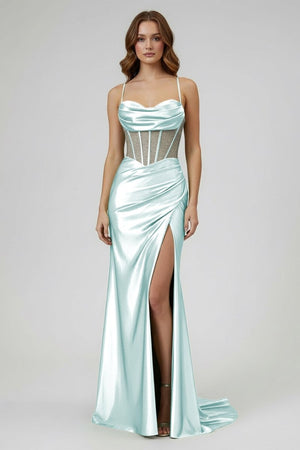 Sage Spaghetti Straps Satin Mermaid Long Prom Dress with Slit – Prom Dresses by KissProm | Available at KissProm
