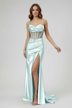 Sage Spaghetti Straps Satin Mermaid Long Prom Dress with Slit – Prom Dresses by KissProm | Available at KissProm