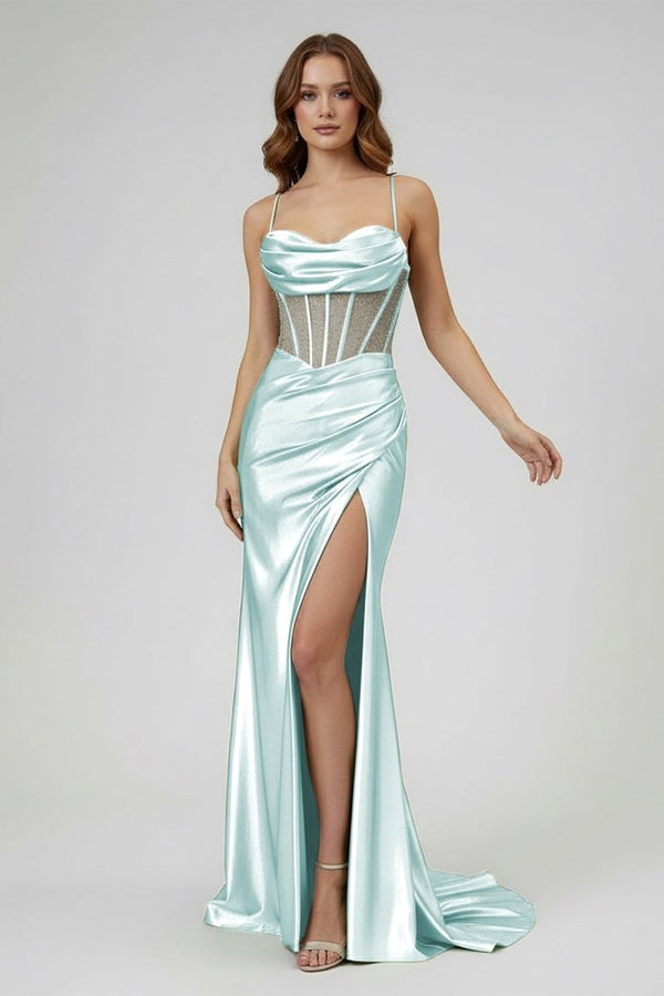 Sage Spaghetti Straps Satin Mermaid Long Prom Dress with Slit – Prom Dresses by KissProm | Available at KissProm