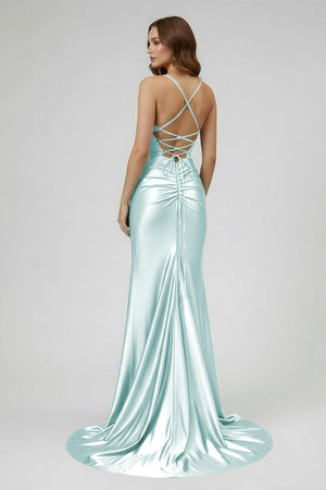 Sage Spaghetti Straps Satin Mermaid Long Prom Dress with Slit – Prom Dresses by KissProm | Available at KissProm