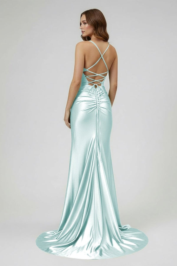 Sage Spaghetti Straps Satin Mermaid Long Prom Dress with Slit – Prom Dresses by KissProm | Available at KissProm