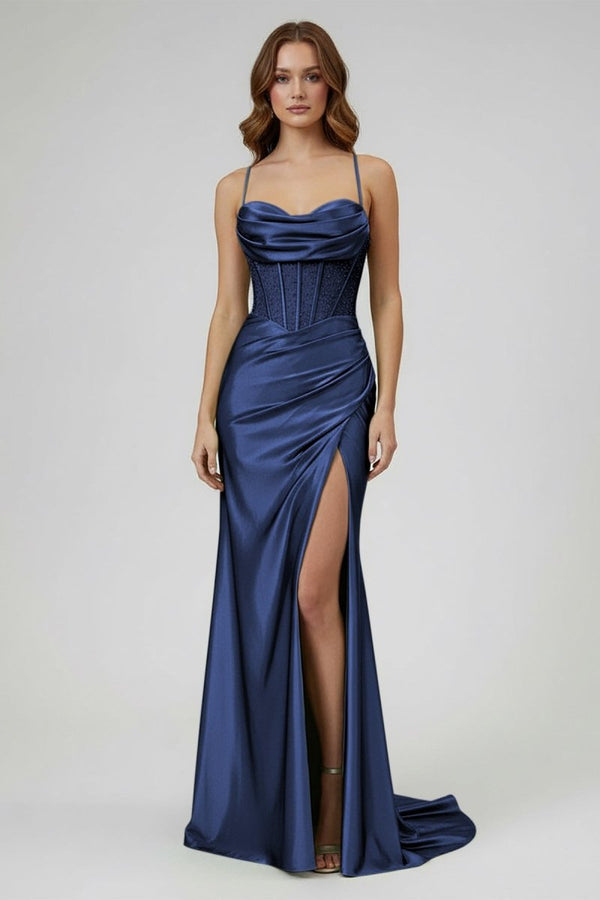 Sage Spaghetti Straps Satin Mermaid Long Prom Dress with Slit – Prom Dresses by KissProm | Available at KissProm