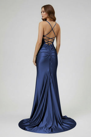 Sage Spaghetti Straps Satin Mermaid Long Prom Dress with Slit – Prom Dresses by KissProm | Available at KissProm