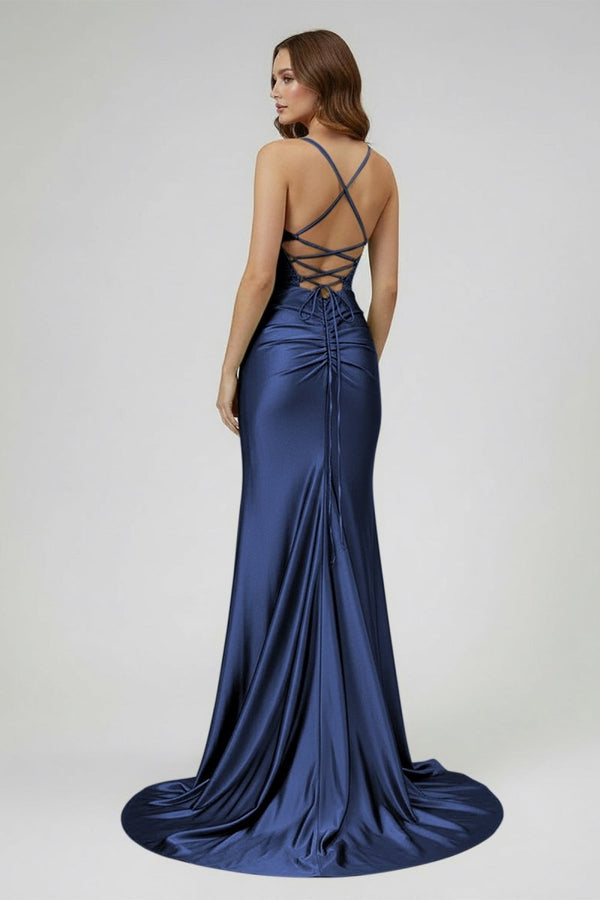 Sage Spaghetti Straps Satin Mermaid Long Prom Dress with Slit – Prom Dresses by KissProm | Available at KissProm