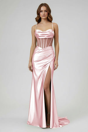 Sage Spaghetti Straps Satin Mermaid Long Prom Dress with Slit – Prom Dresses by KissProm | Available at KissProm
