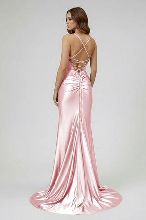 Sage Spaghetti Straps Satin Mermaid Long Prom Dress with Slit – Prom Dresses by KissProm | Available at KissProm