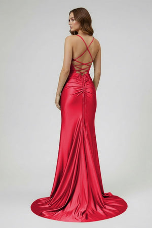 Sage Spaghetti Straps Satin Mermaid Long Prom Dress with Slit – Prom Dresses by KissProm | Available at KissProm