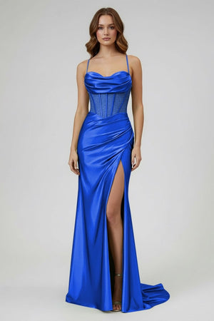 Sage Spaghetti Straps Satin Mermaid Long Prom Dress with Slit – Prom Dresses by KissProm | Available at KissProm