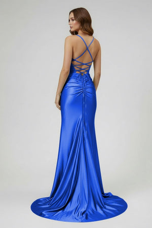 Sage Spaghetti Straps Satin Mermaid Long Prom Dress with Slit – Prom Dresses by KissProm | Available at KissProm