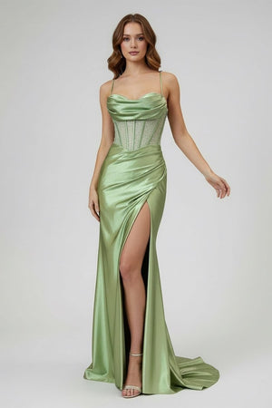 Sage Spaghetti Straps Satin Mermaid Long Prom Dress with Slit – Prom Dresses by KissProm | Available at KissProm