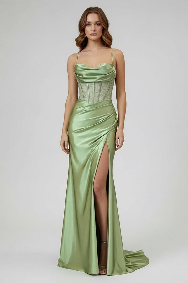 Sage Spaghetti Straps Satin Mermaid Long Prom Dress with Slit – Prom Dresses by KissProm | Available at KissProm