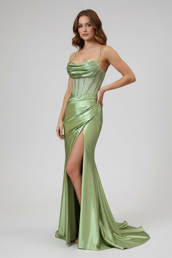 Sage Spaghetti Straps Satin Mermaid Long Prom Dress with Slit – Prom Dresses by KissProm | Available at KissProm