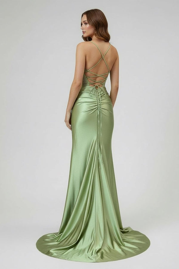 Sage Spaghetti Straps Satin Mermaid Long Prom Dress with Slit – Prom Dresses by KissProm | Available at KissProm