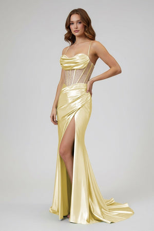 Sage Spaghetti Straps Satin Mermaid Long Prom Dress with Slit – Prom Dresses by KissProm | Available at KissProm