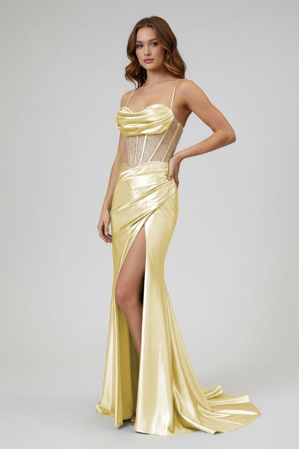 Sage Spaghetti Straps Satin Mermaid Long Prom Dress with Slit – Prom Dresses by KissProm | Available at KissProm