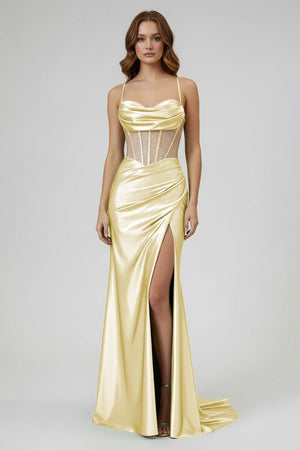 Sage Spaghetti Straps Satin Mermaid Long Prom Dress with Slit – Prom Dresses by KissProm | Available at KissProm
