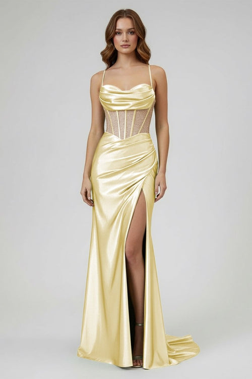 Sage Spaghetti Straps Satin Mermaid Long Prom Dress with Slit – Prom Dresses by KissProm | Available at KissProm
