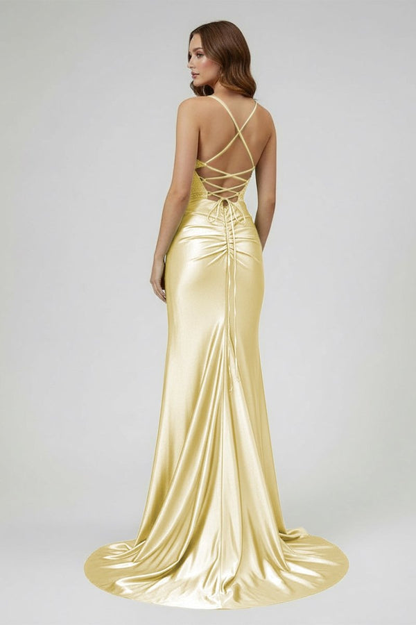 Sage Spaghetti Straps Satin Mermaid Long Prom Dress with Slit – Prom Dresses by KissProm | Available at KissProm