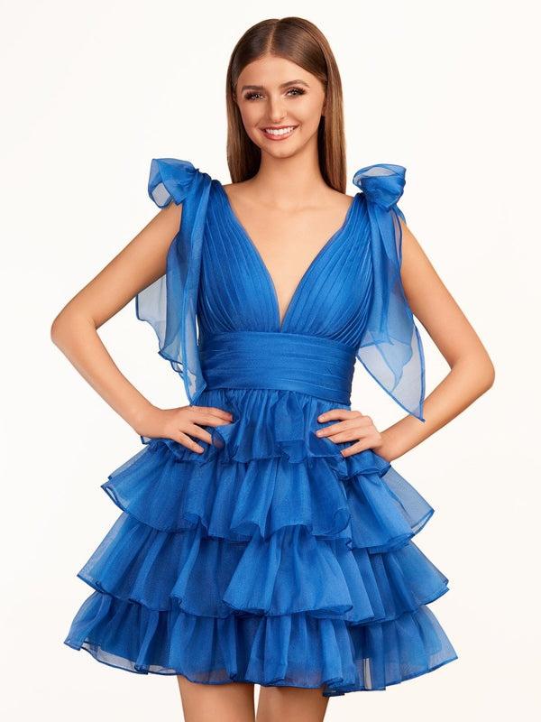 Joleen | Trendy  A-Line Royal Blue Tiered Homecoming Dress with Bow