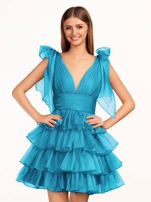 Joleen | Trendy  A-Line Royal Blue Tiered Homecoming Dress with Bow