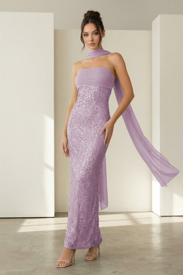 Josephine | Lavender - Strapless Sheath Sequined Formal Prom Dresses With Scarf - KissProm