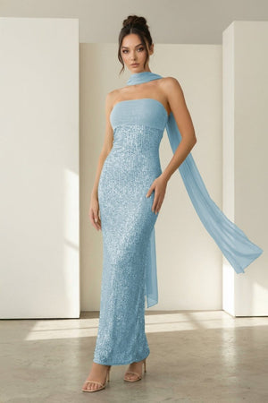 Josephine | Sky Blue - Strapless Sheath Sequined Formal Prom Dresses With Scarf - KissProm