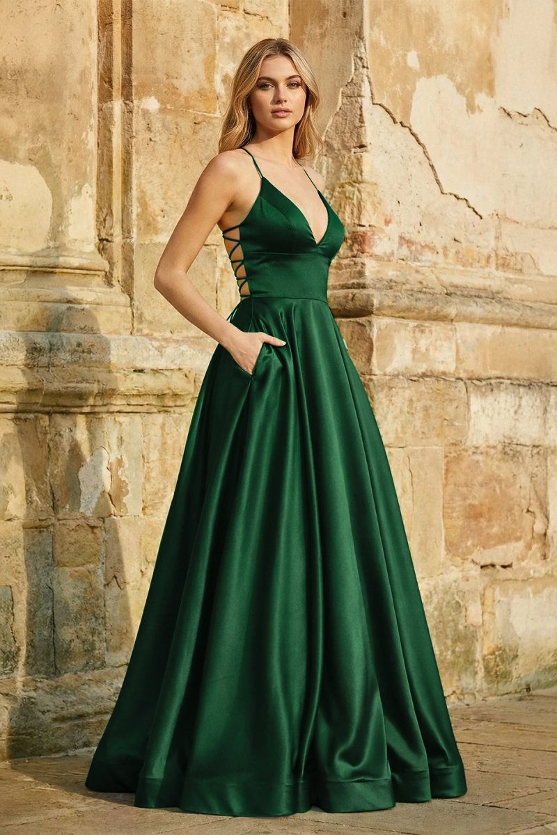 A Line Royal Blue Spaghetti Straps Satin Prom Dress With Pockets - KissProm