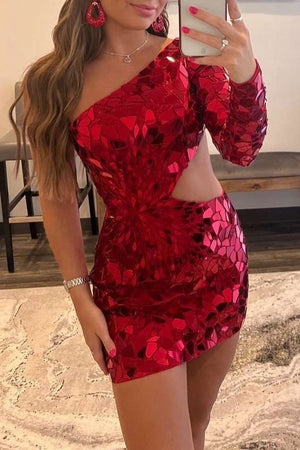 Lennox | Red Cut Glass Mirror One-Sleeve Cutout Short Cocktail Gown