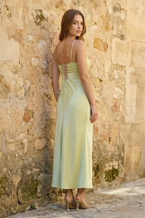 Sage Spaghetti Straps Sheath Satin Pleated Formal Prom Dresses With Slit - KissProm