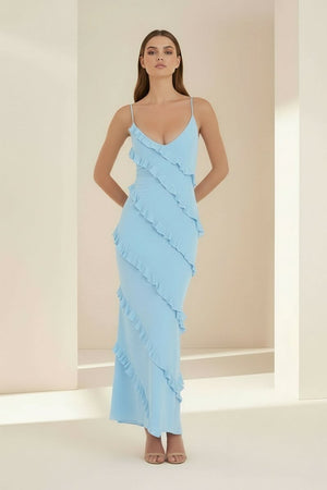 KissProm-Kaelith Sky Blue - Halter Sheath Satin Backless Long Formal Prom Dresses With Ruffles 