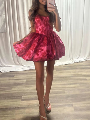 Kallista | Fuchsia - Spaghetti Straps A Line Floral Ruched Short Homecoming Dress