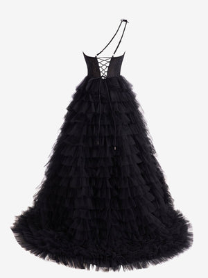 Kinsley | A Line One Shoulder Tiered Long Prom Dress