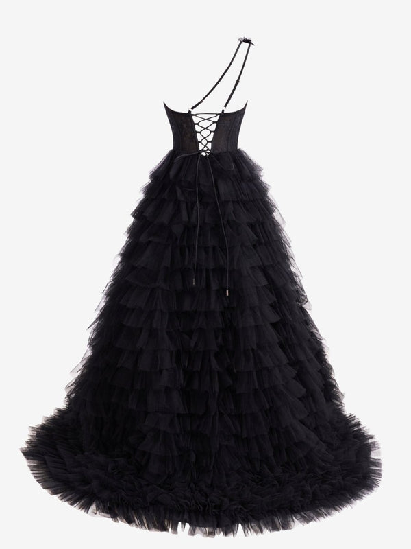 Kinsley | A Line One Shoulder Tiered Long Prom Dress